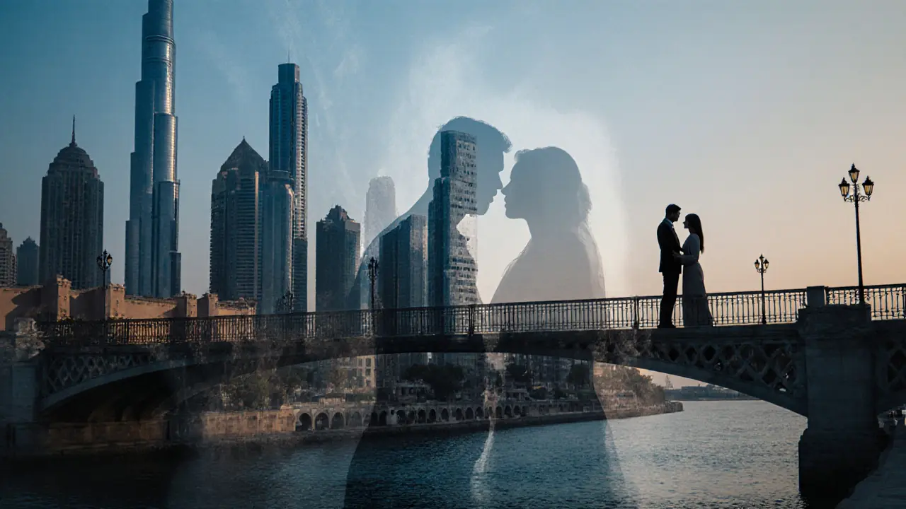 Surreal blend of Dubai&#039;s modern skyline and historic district with ghostly figures meeting under a bridge.