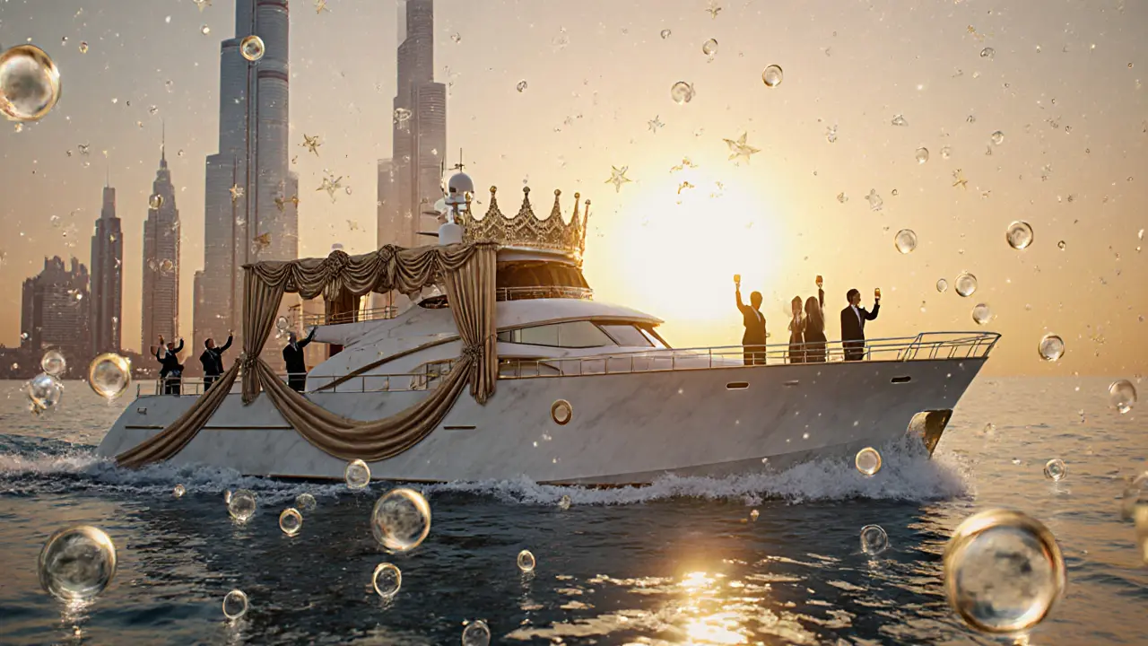 Symbolic yacht as a royal throne floating on Dubai waters, surrounded by champagne bubbles and golden sunset.