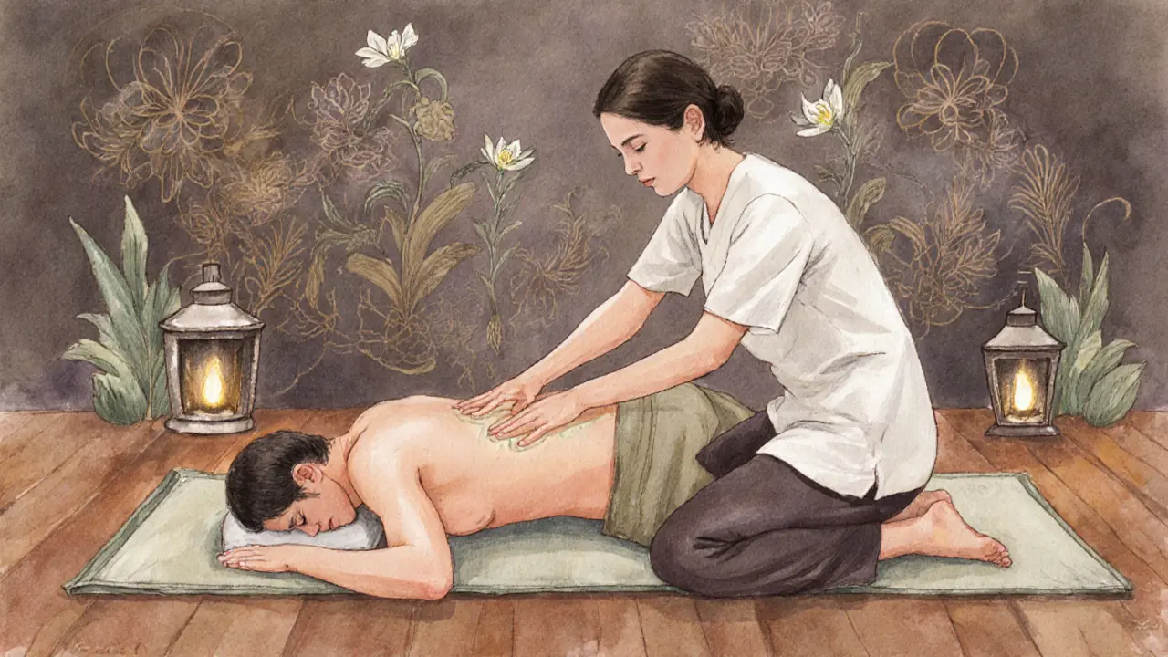 Thai body-to-body massage on a low mat with therapist using hips and forearms, surrounded by soft lantern light and jasmine oil.