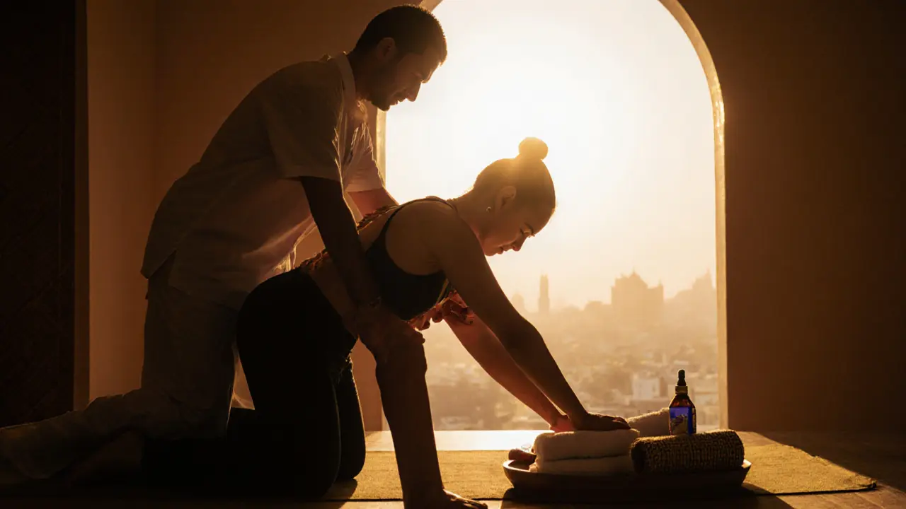 Therapist using body weight to guide a client’s leg into a deep stretch during a traditional Thai massage.