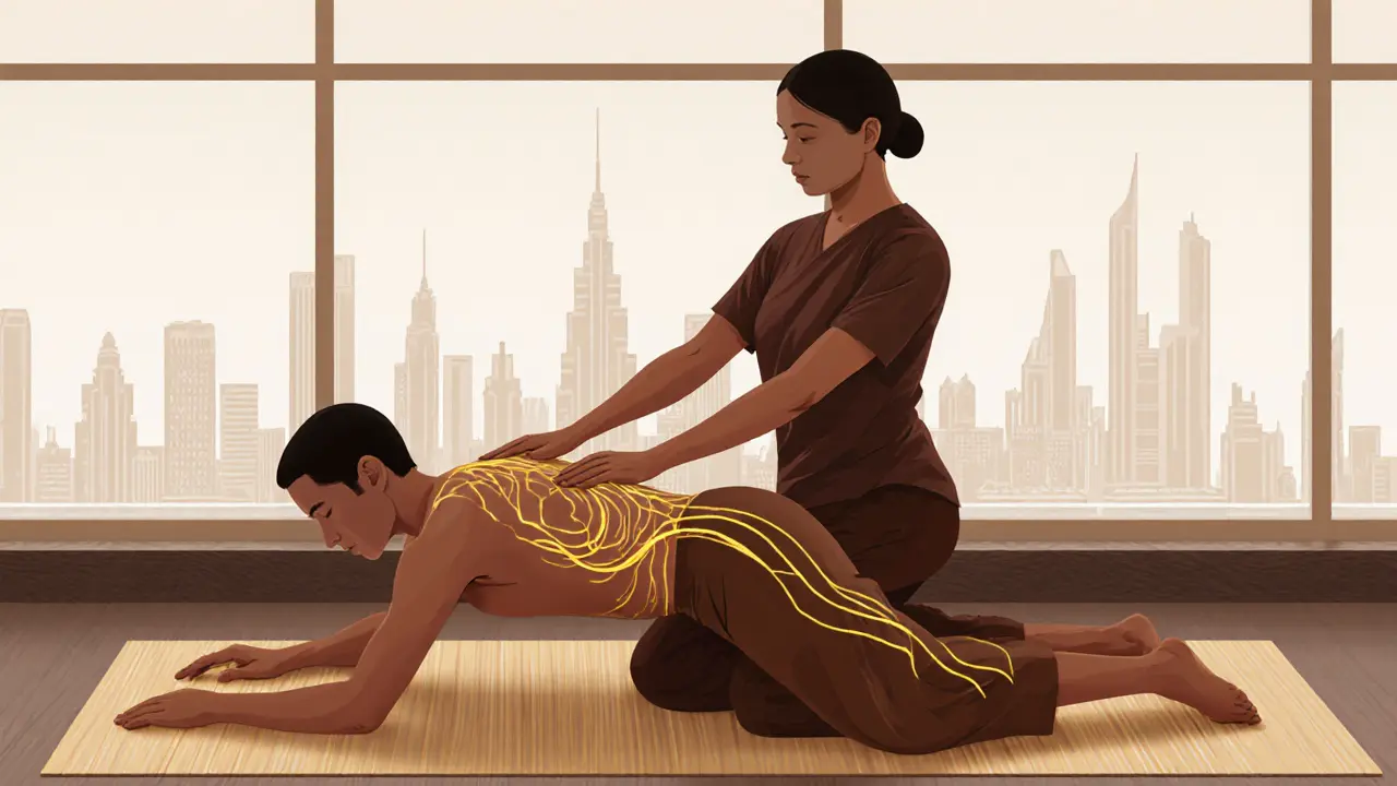 Therapist using hands and knees to apply pressure along energy lines during a traditional Thai massage on a mat, subtle golden lines glowing faintly.