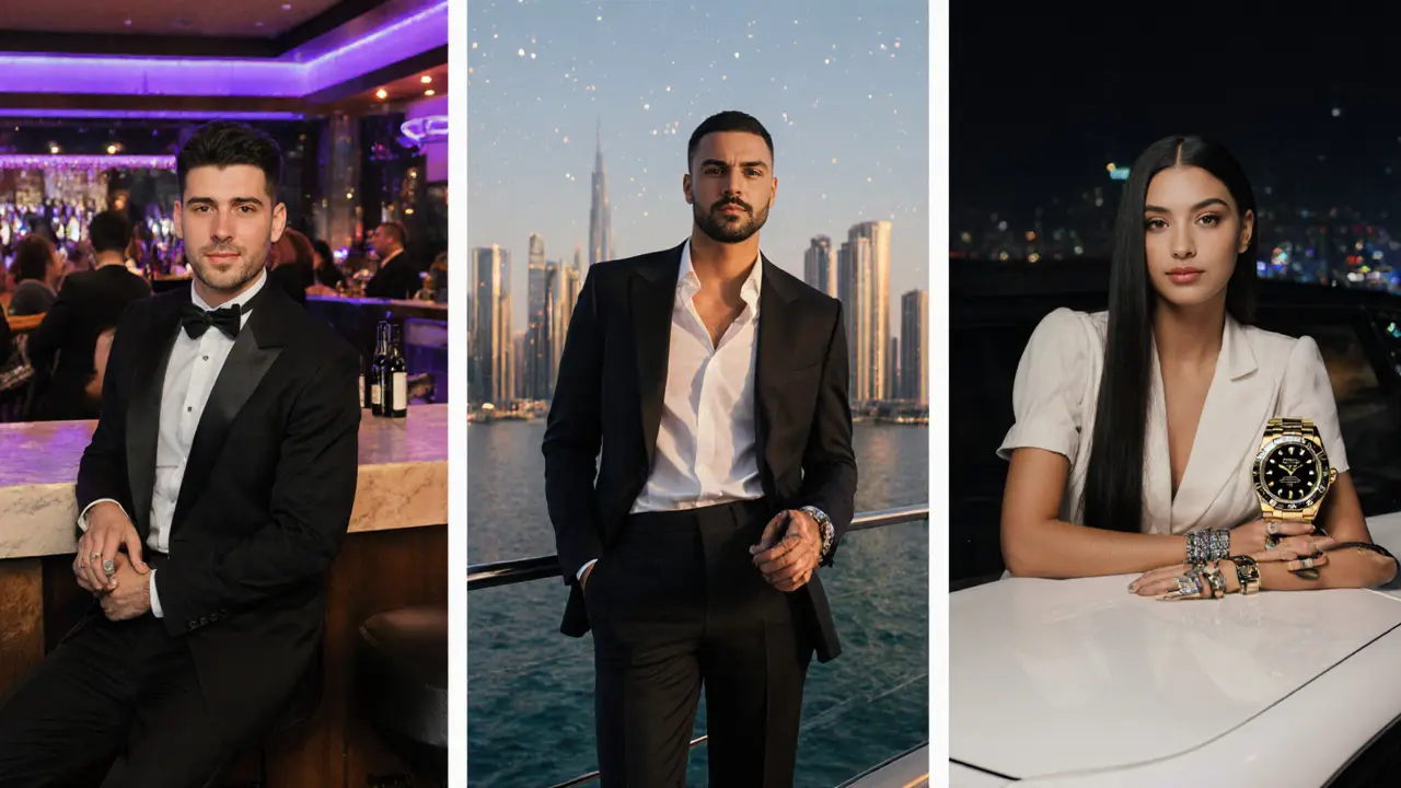 Three types of Dubai models in their signature settings: rooftop bar, yacht, and luxury car, with skyline backdrop.