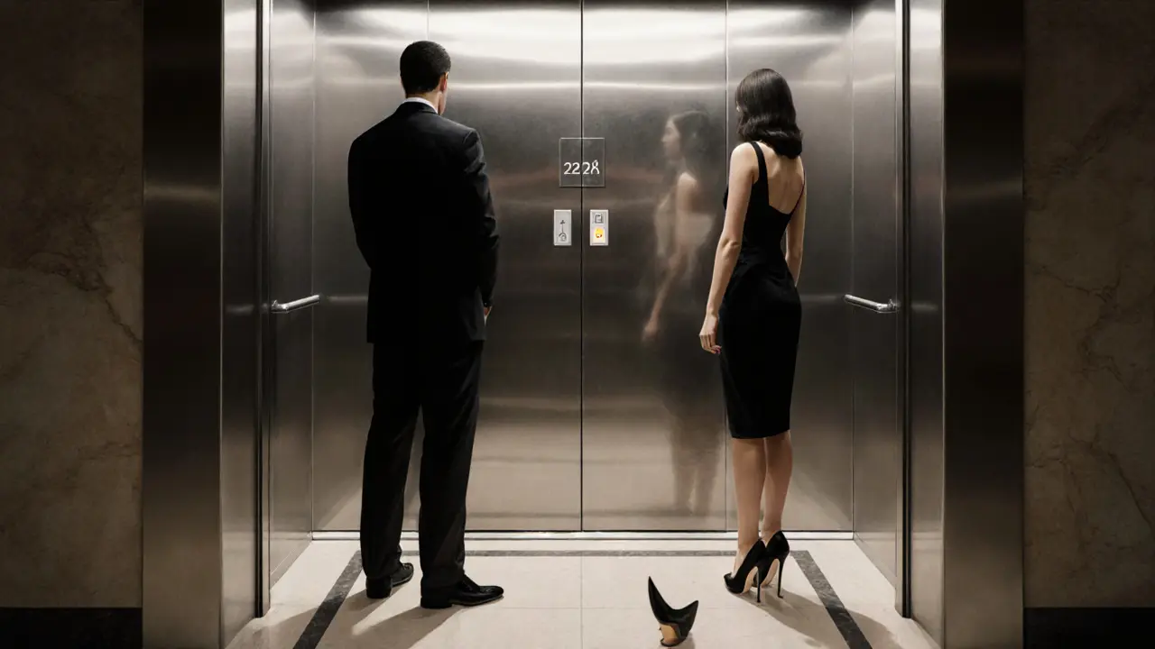 Two anonymous figures in a luxury hotel elevator, doors closing in silent tension.
