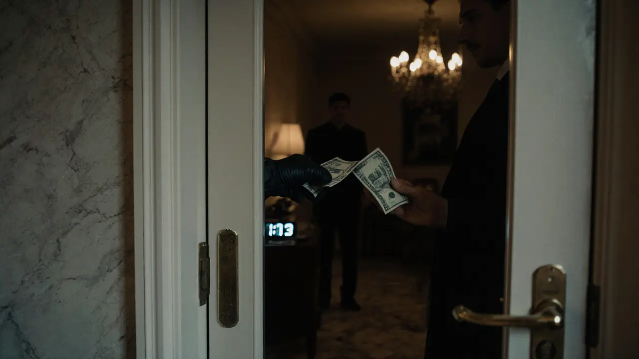Two hands exchanging cash through a hotel room door, no faces visible, dim interior lighting.