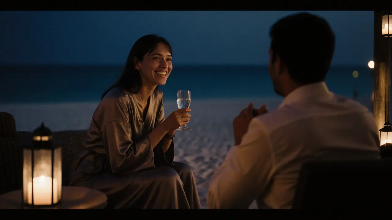 Two people converse quietly at a private beach lounge on Palm Jumeirah, candlelight reflecting in their eyes under twilight sky.