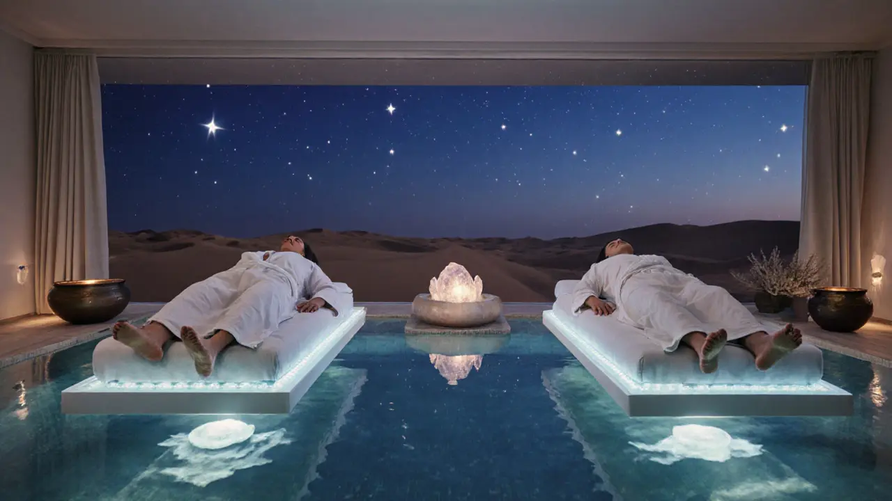 Two people floating on waterbed massage tables under starlike lights in a peaceful couples&#039; wellness retreat.