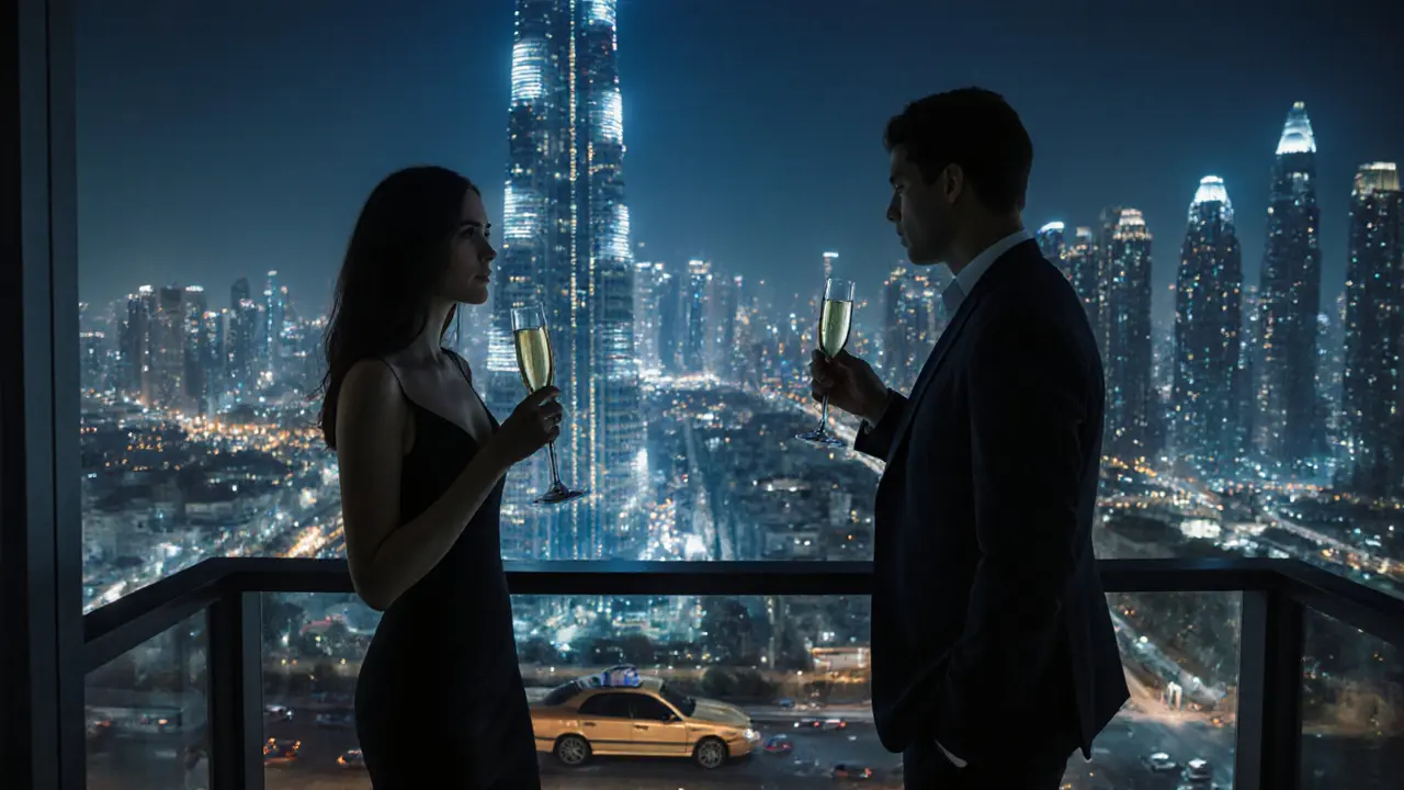 Two people on a Dubai balcony at night, silently enjoying the city lights, standing respectfully apart.