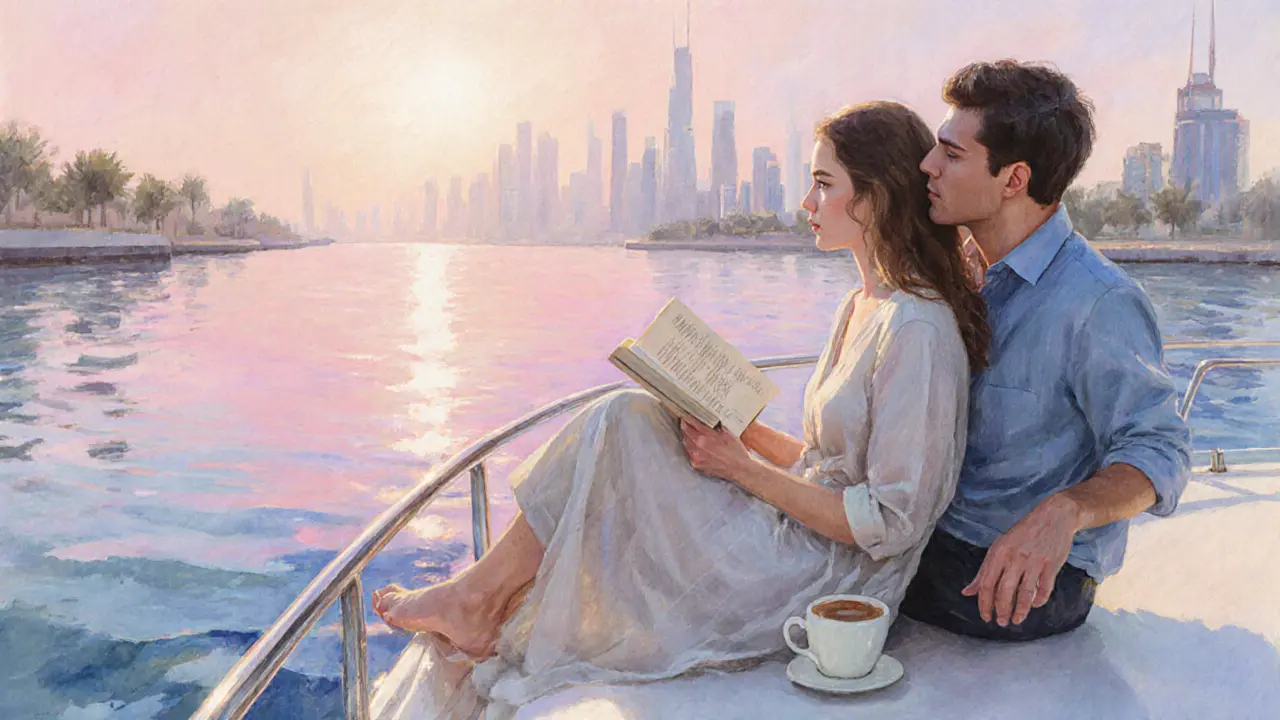 Two people on a private yacht at sunrise, gazing at Dubai’s skyline in peaceful silence.