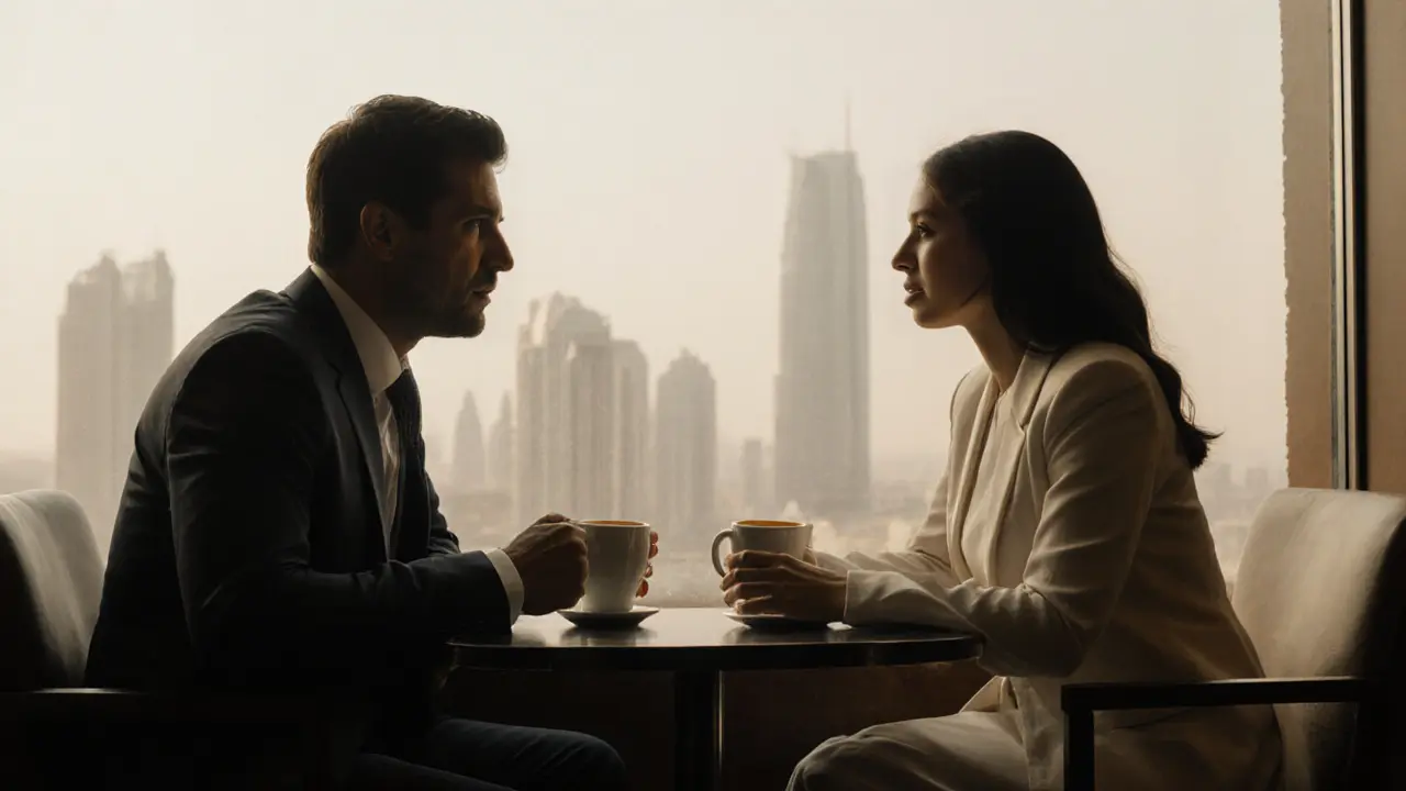 Two people share a quiet coffee in a Dubai café, engaged in thoughtful conversation with no physical contact.