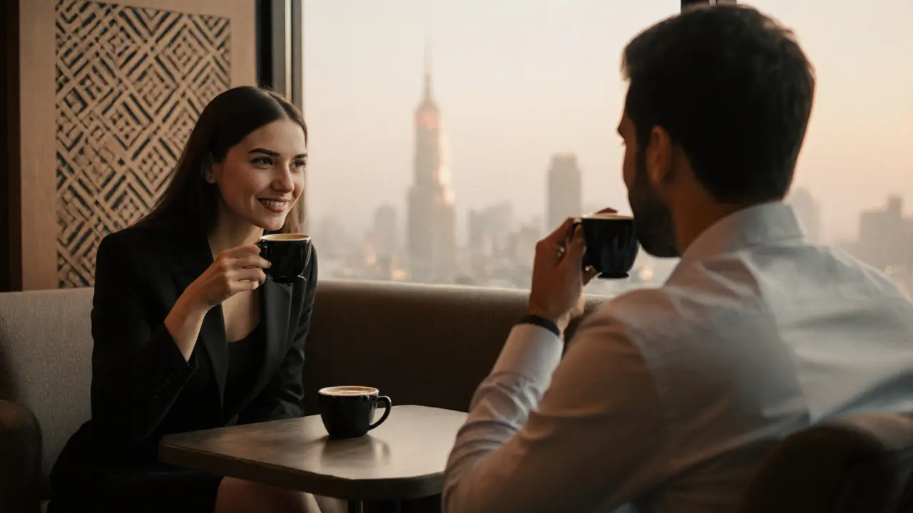 Two people sit across from each other in a modern Dubai lounge, engaged in thoughtful silence over coffee.