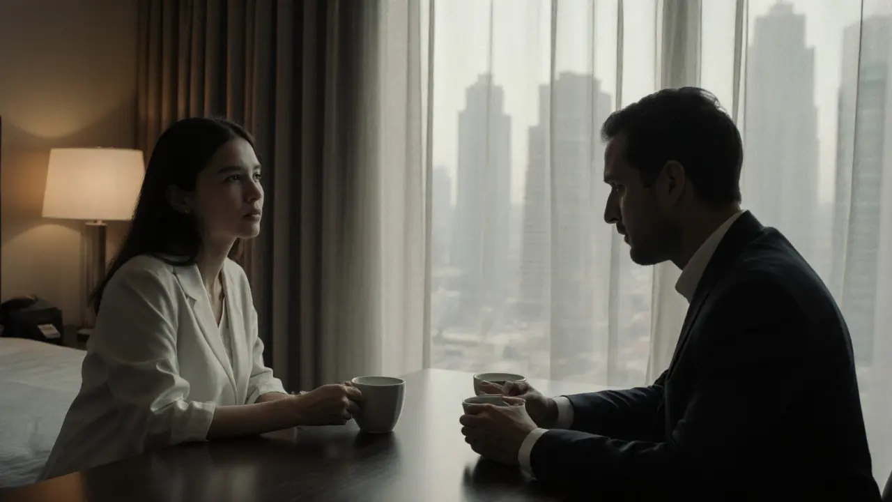 Two people sit silently across a table in a dim hotel room, their faces unseen, conveying tension and restraint.