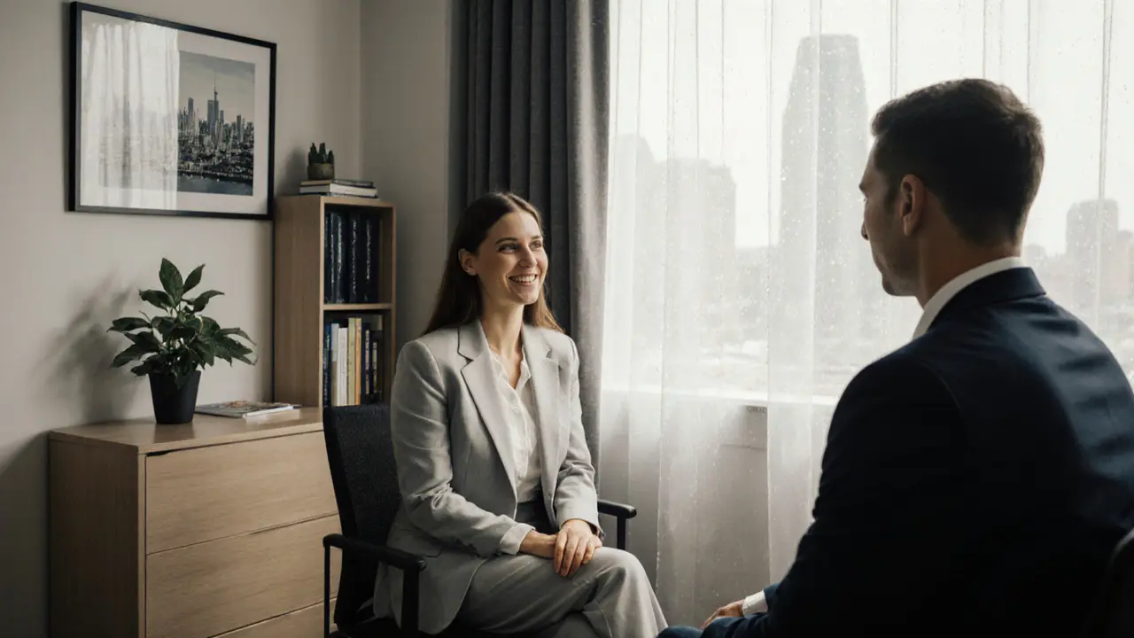 Two people sitting calmly in a private suite, sharing quiet company without physical contact.