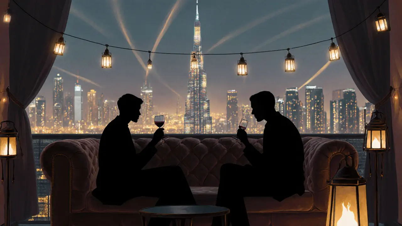 Two people talking on a rooftop at dusk, Burj Khalifa glowing in the distance.