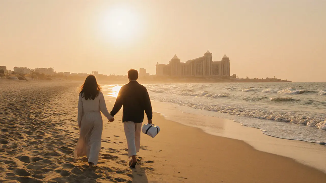 Two people walking along a Dubai beach at sunset, distant hotel silhouette, no physical contact.