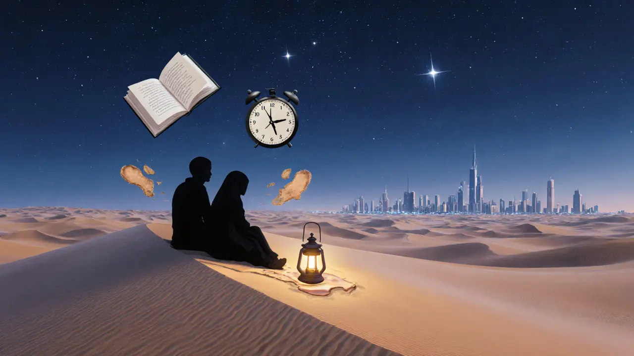 Two silhouettes on a desert dune under stars, with Dubai&#039;s skyline faintly visible and symbolic objects floating nearby.