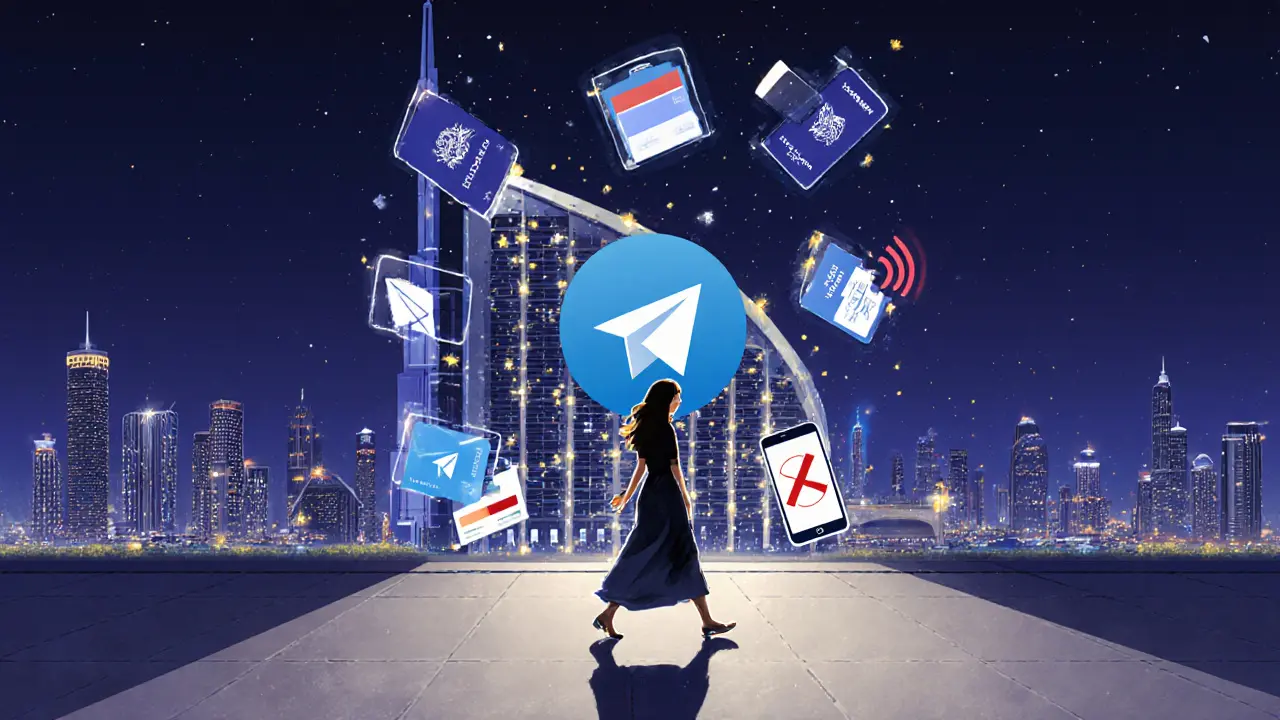 Woman walking away from a Dubai hotel at night, digital symbols fading into city lights behind her.