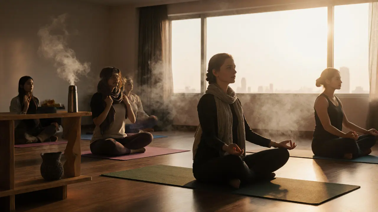 Women practicing yoga at dawn in a sunlit studio, peaceful and united in quiet movement.