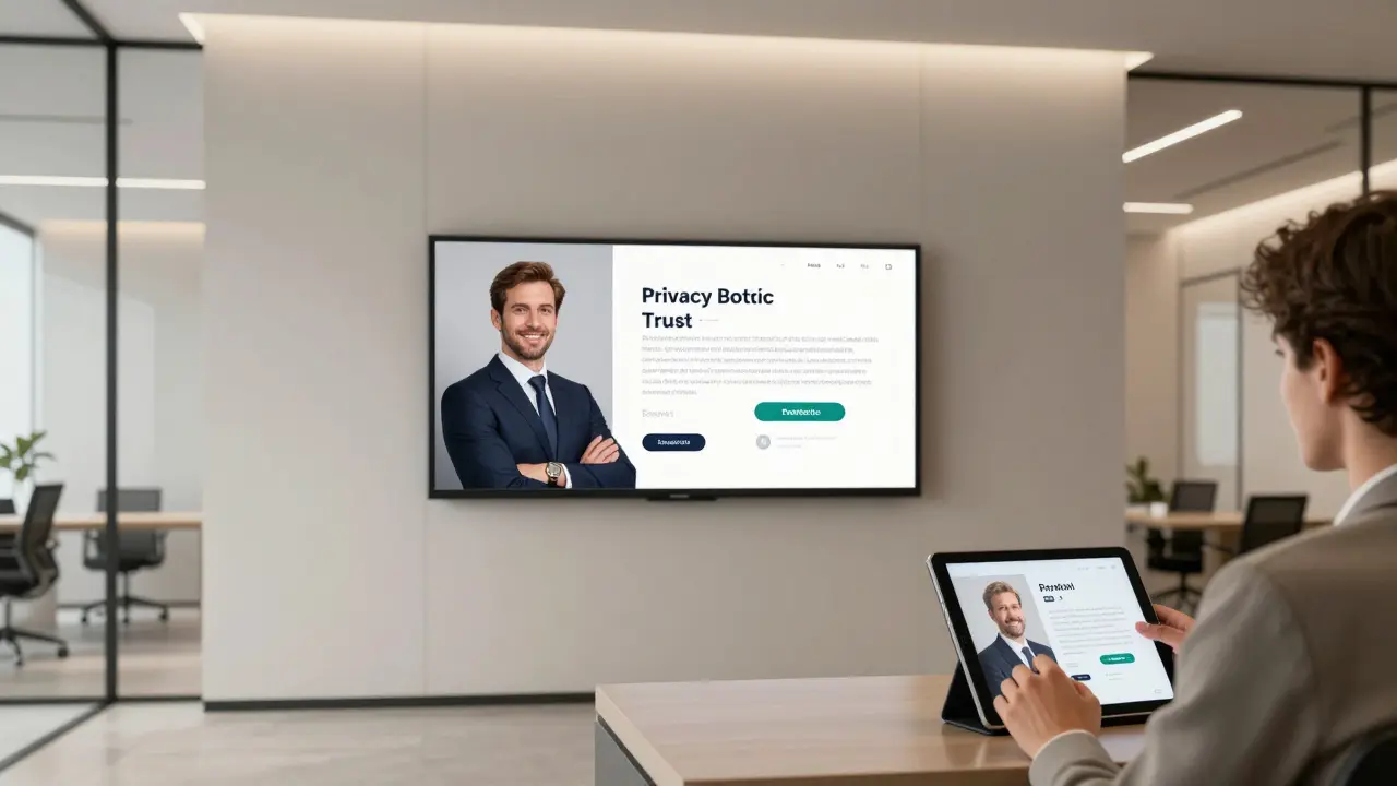 A client booking a companion through a secure digital interface in a professional Dubai agency office.