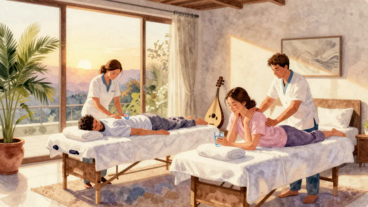 A couple receiving side-by-side home massages in their bedroom, enjoying quiet time together in peaceful surroundings.