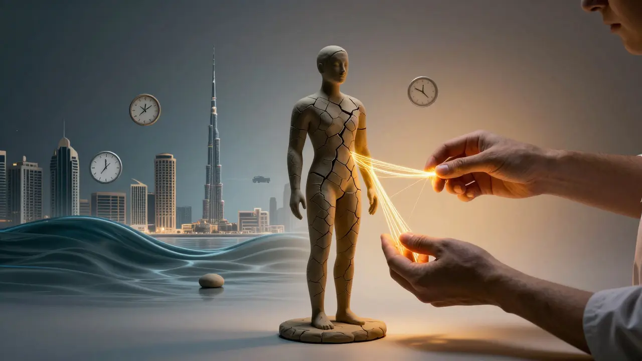 A cracked human form being healed by golden light, symbolizing stress relief in Dubai's busy environment.
