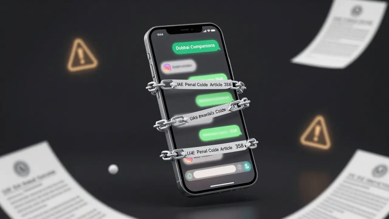 A floating smartphone shows blurred messages with legal chains wrapped around it, symbolizing digital risks in Dubai.