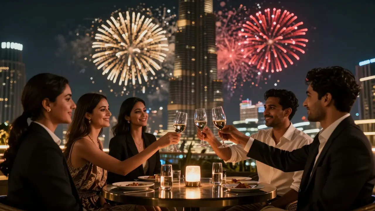A group celebrating on a Dubai rooftop at night with fireworks lighting up the sky in the background.
