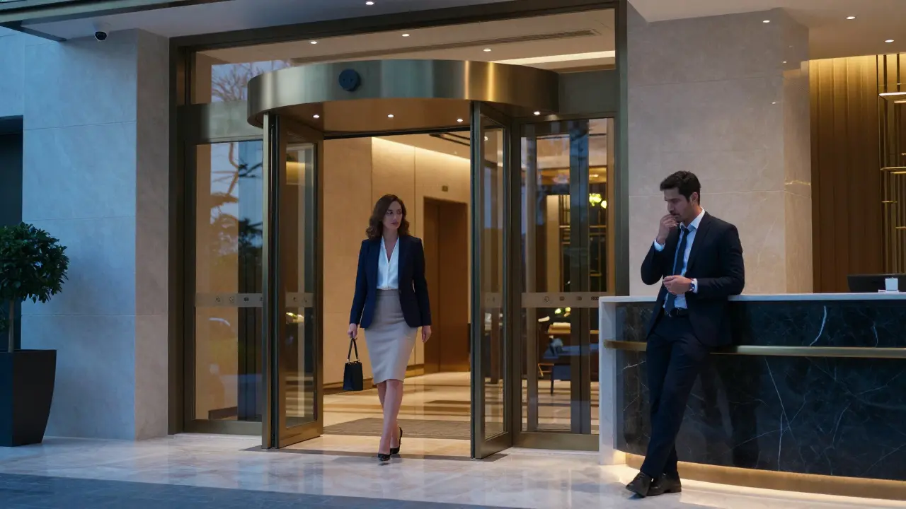 A guest hesitating in a Dubai hotel lobby as a woman exits, tension in the air without any illicit interaction.