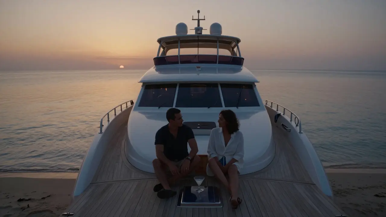 A luxury yacht at sunset, two figures seated in silent companionship on the deck.