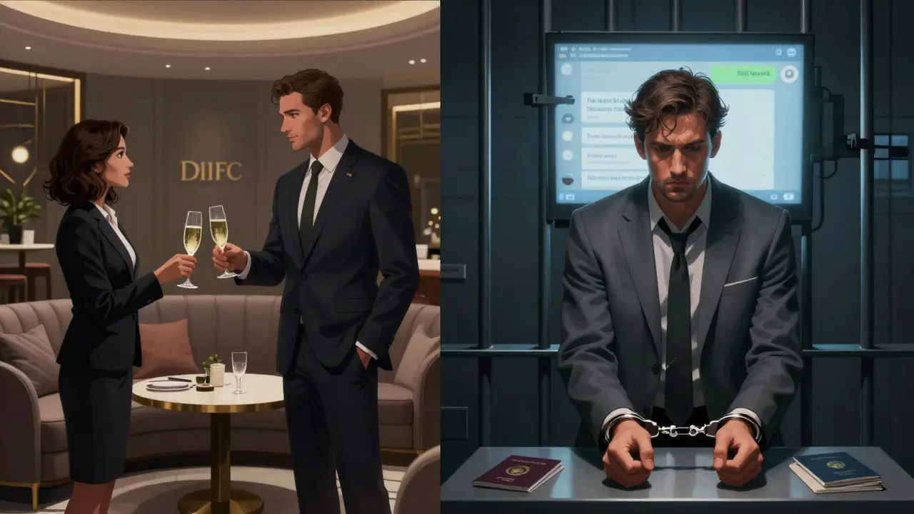 A man enjoys champagne with a companion in a luxury lounge, while another version of him is jailed, passport seized.