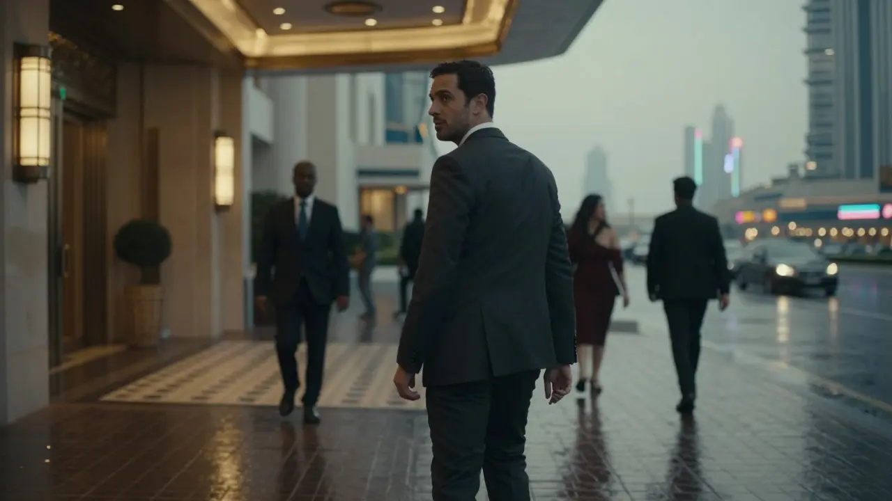 A man in a suit walks away from a hotel entrance in Dubai at dusk, skyline glowing behind him, expression thoughtful.