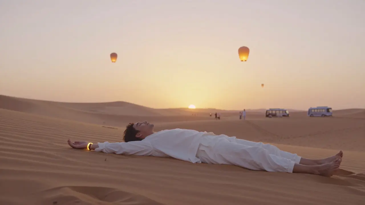 A person lying on desert sand at sunrise after a party, surrounded by floating lanterns and fading light.
