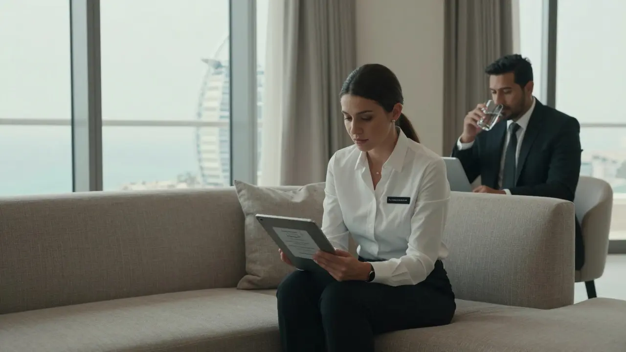 A professional escort reviews a reservation on a tablet in a luxurious hotel suite, while a client sits nearby.
