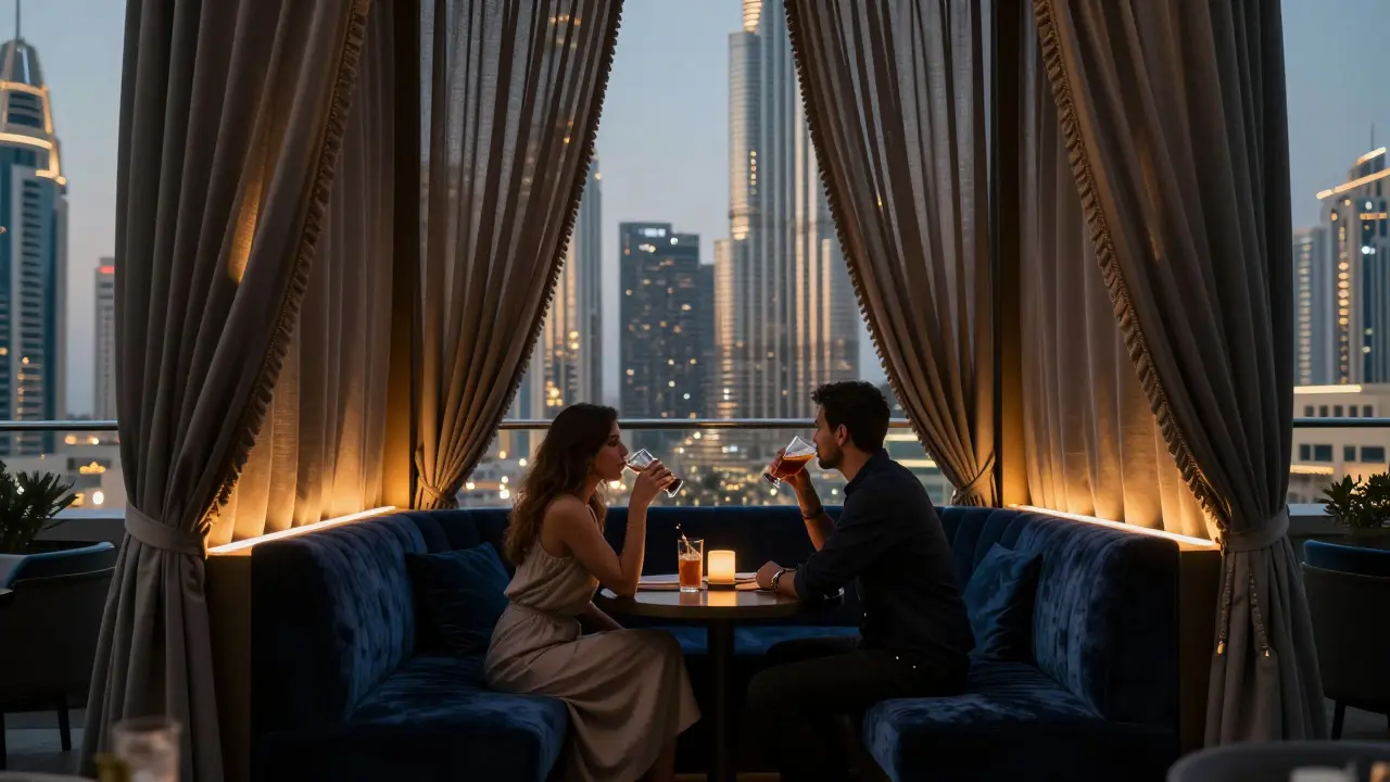 A quiet rooftop booth in downtown Dubai with curtains drawn, offering privacy above the city skyline.