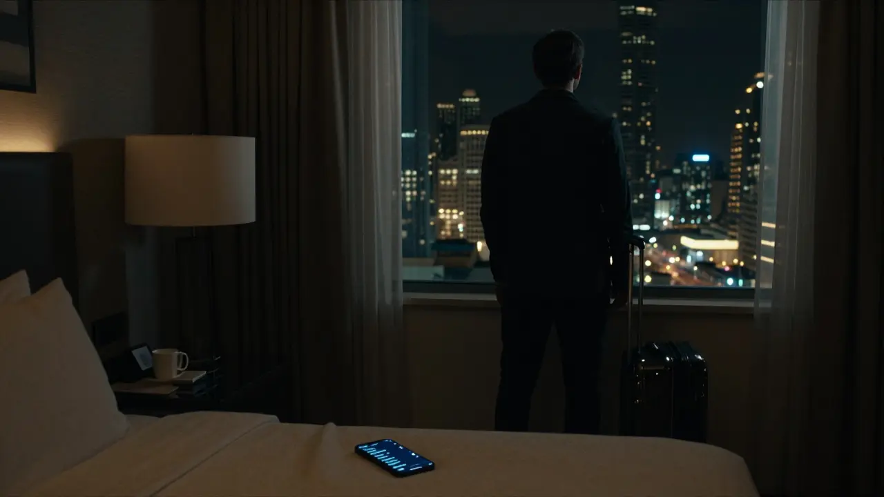 A shadowy figure stands by a hotel window in Bur Dubai, glowing phone showing messages, suitcase half-packed.