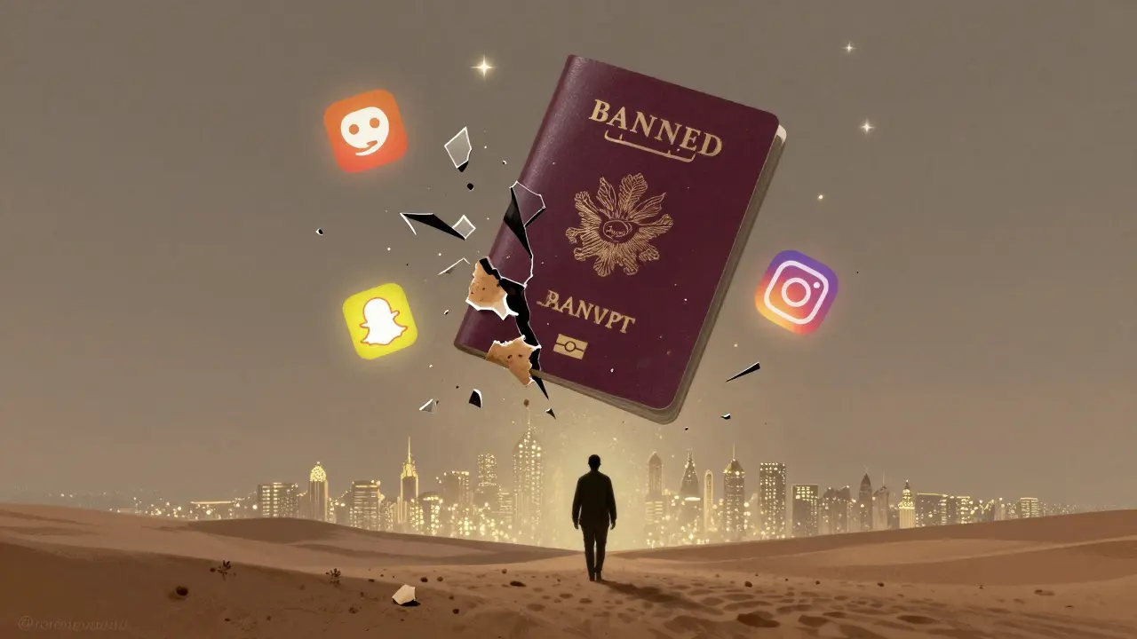 A shattered passport hovers over the desert skyline, social media icons crumbling into sand as a person walks away from the city.