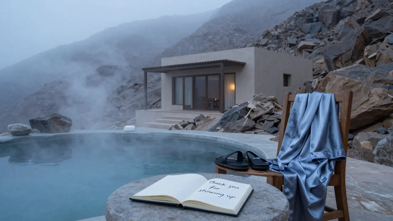 A silk robe and sandals rest beside a journal on a stone table in a misty mountain villa at dawn.
