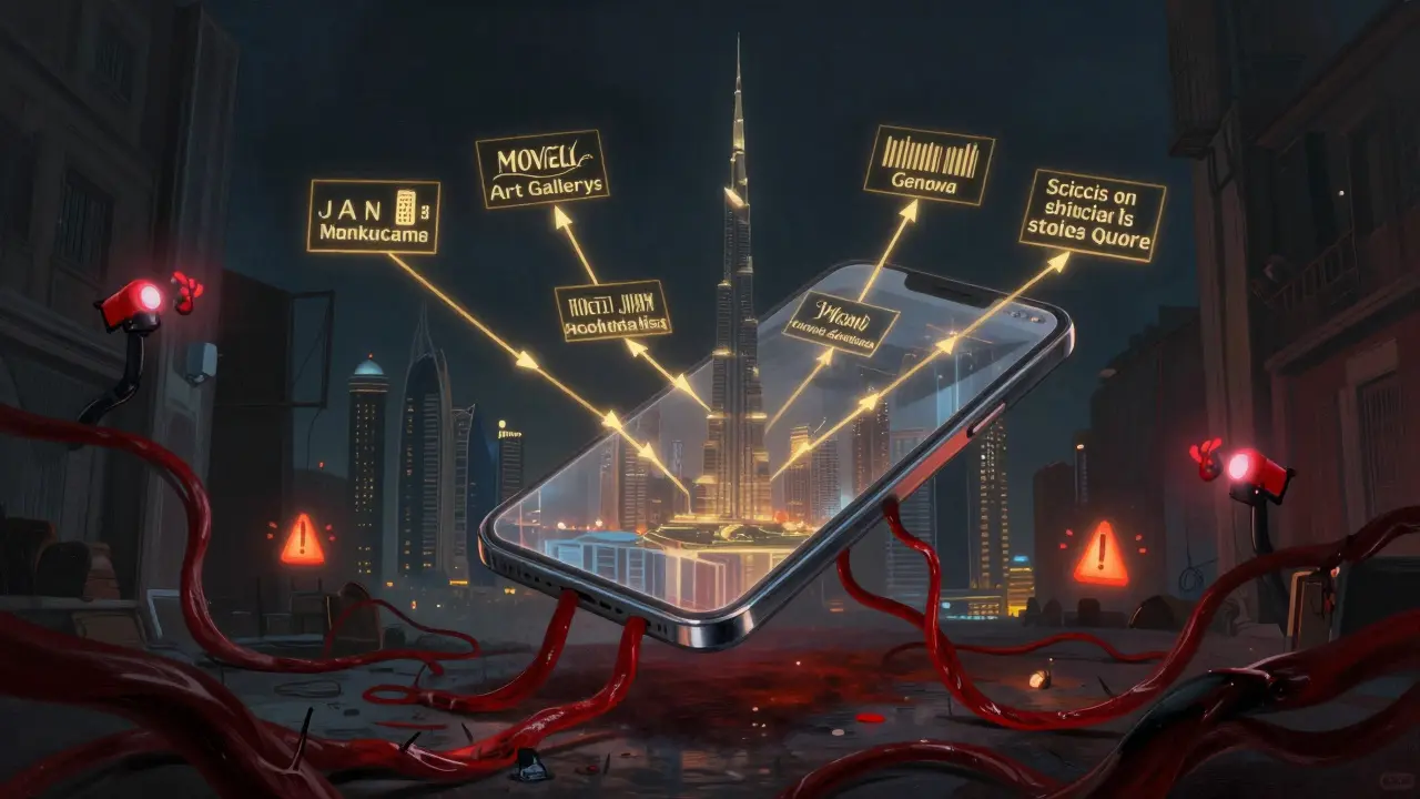 A smartphone hovers over Dubai’s skyline, golden legal paths contrast with dark illegal tendrils leading to police sirens.