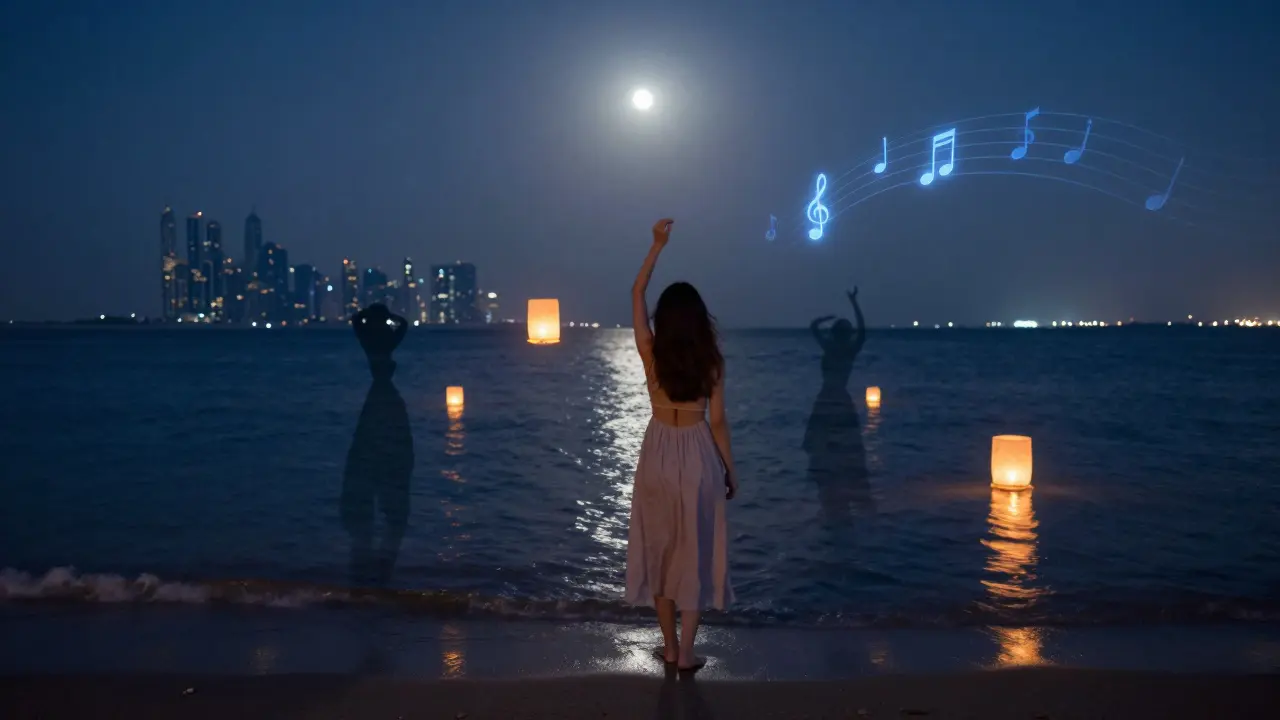 A solitary figure at the water's edge surrounded by floating lanterns and glowing music notes rising from the sea.