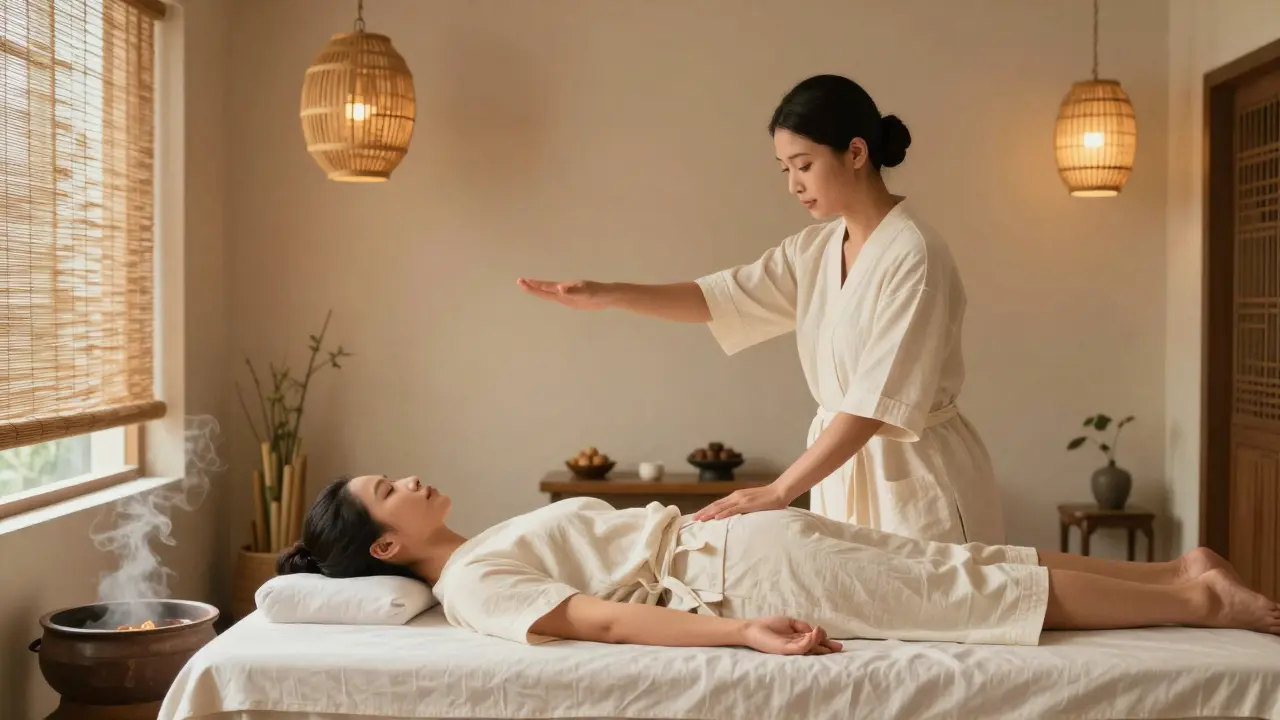 A Thai massage therapist gently stretching a client in a calm, minimalist spa setting.