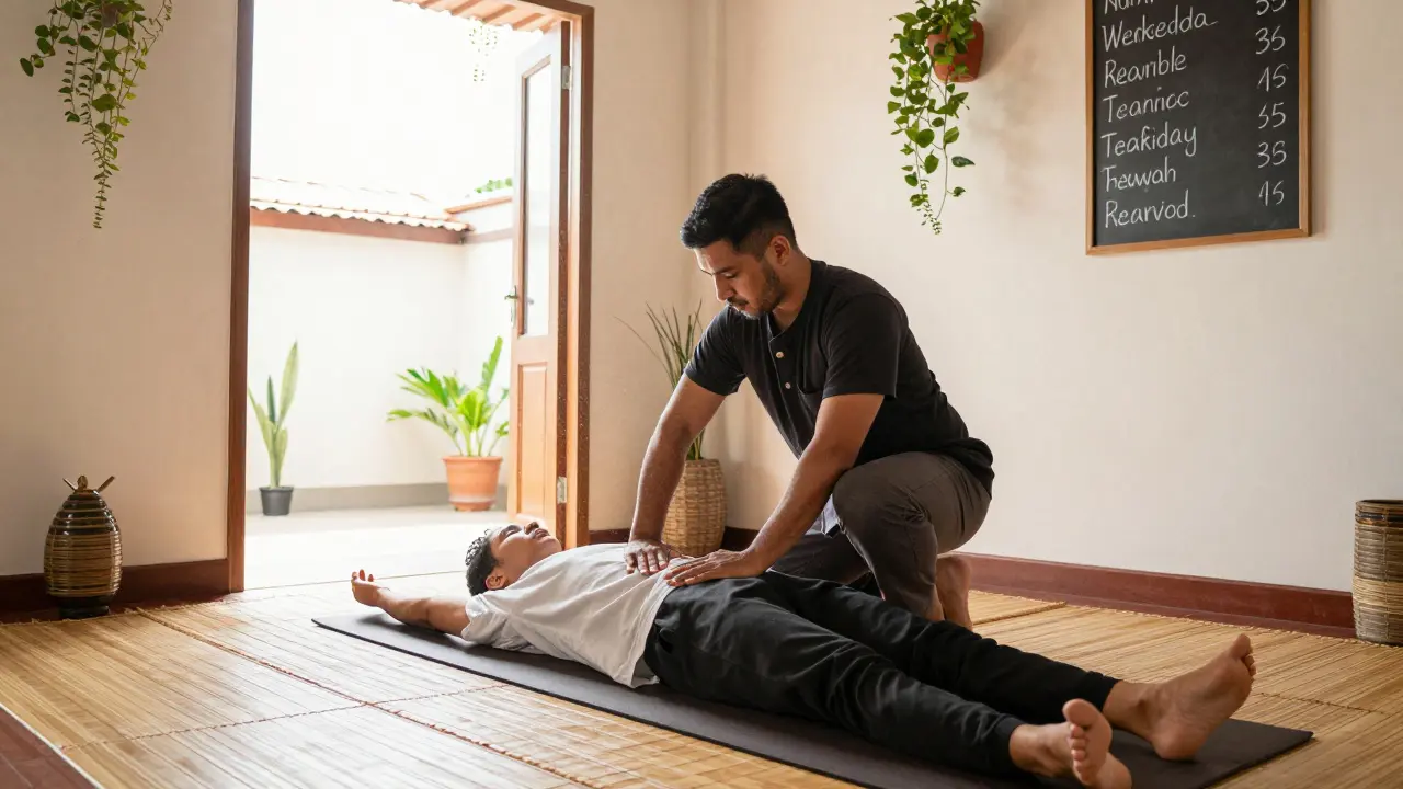A Thai therapist gently stretching a client on a low mat in a simple, peaceful studio setting.