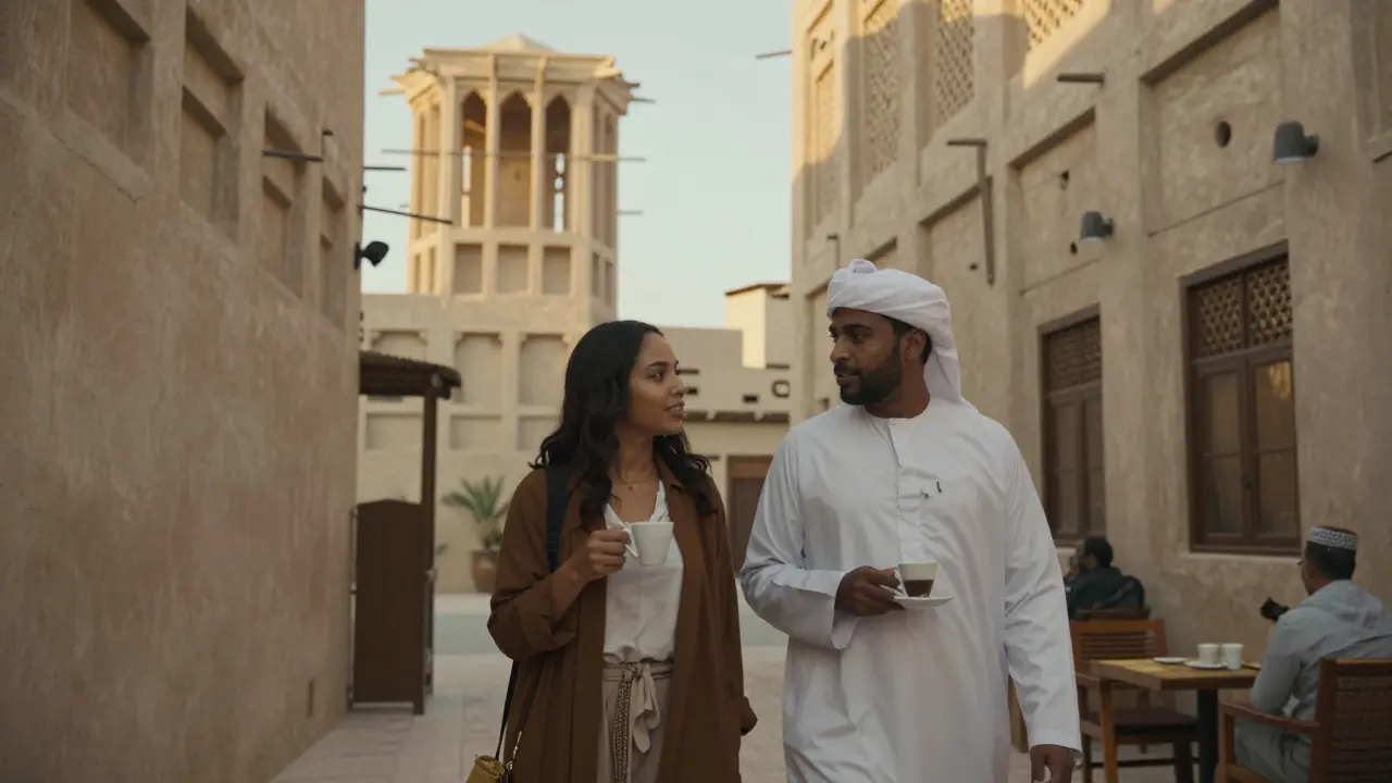 A tourist and male companion enjoying quiet coffee in Al Fahidi&#039;s historic district.