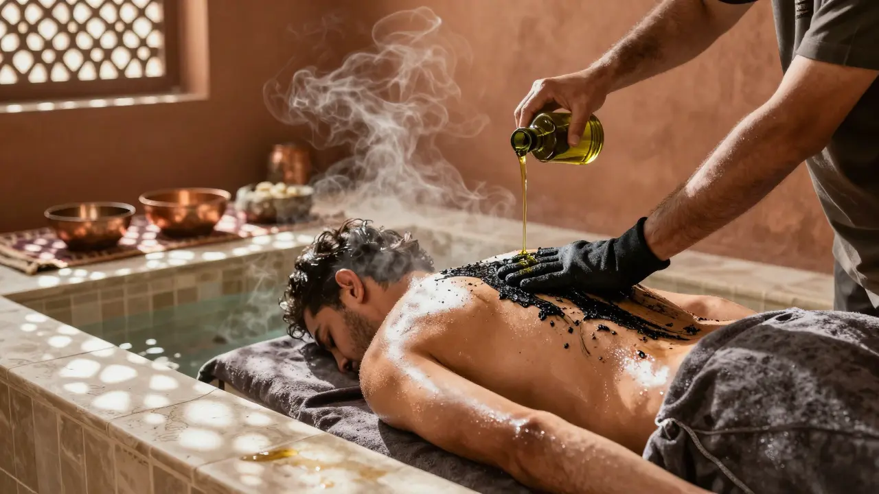 A traditional Arabic hammam session with steam, black soap exfoliation, and warm oil being poured over the back.