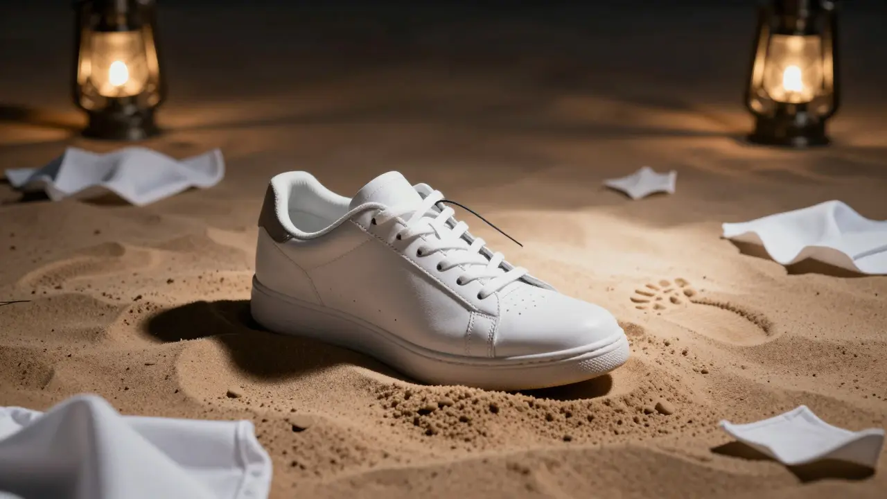 A white sneaker with a single black thread in the lace, resting on desert sand near glowing lanterns.