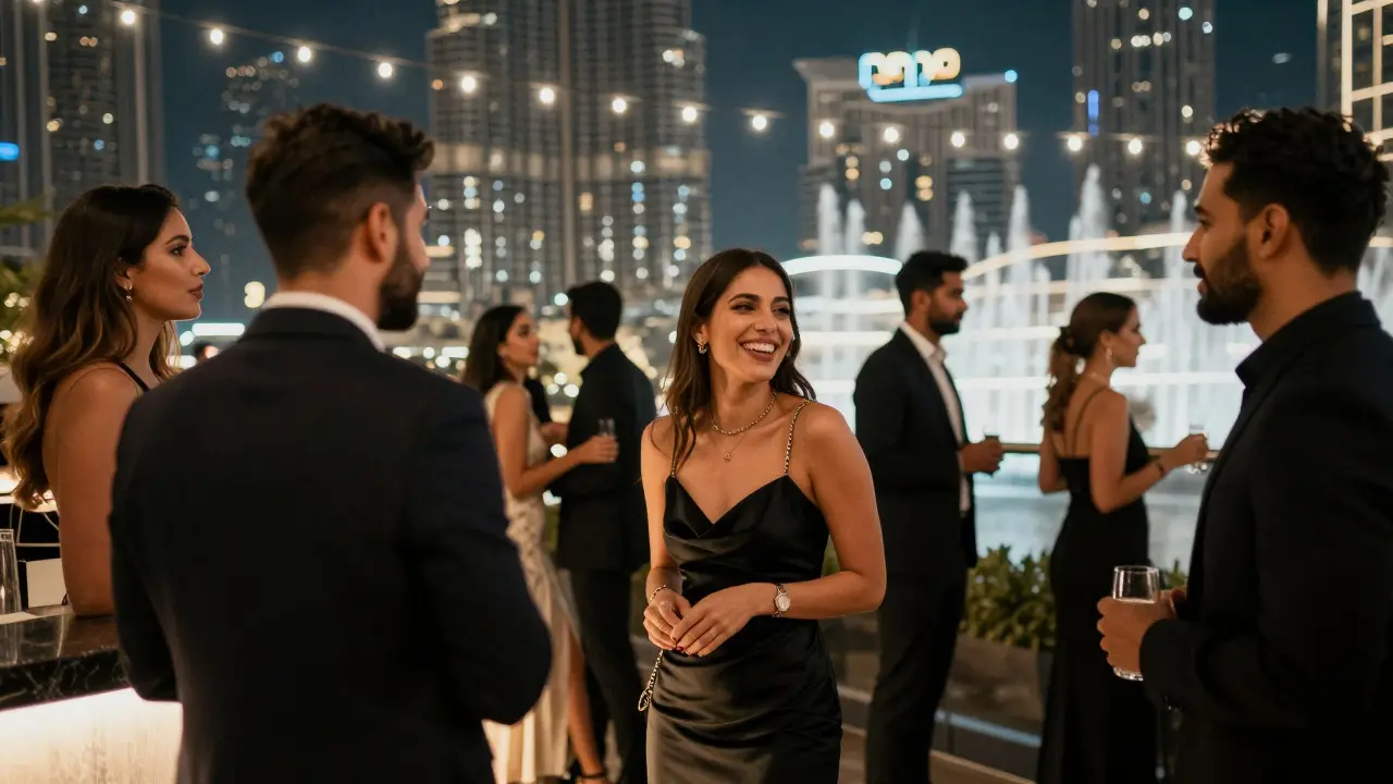 A woman in elegant attire laughs with a guest at a rooftop Dubai gala under string lights and city skyline.
