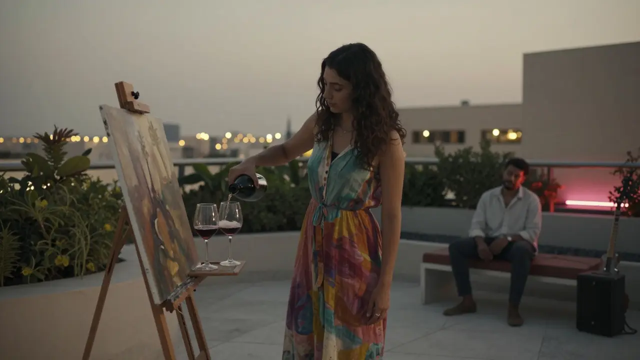 A woman pours wine on a rooftop at twilight beside an unfinished painting, a man sits in silent contemplation.