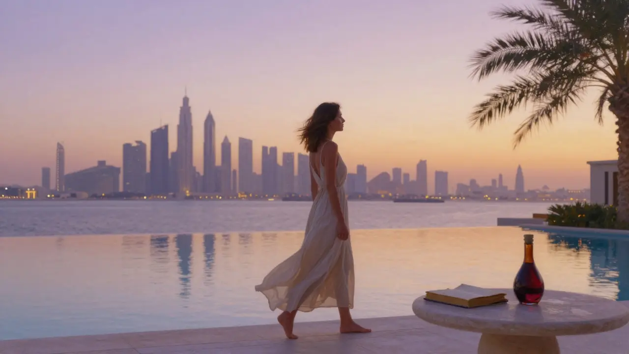 A woman walking alone along a private villa's infinity pool at sunset in Palm Jumeirah.