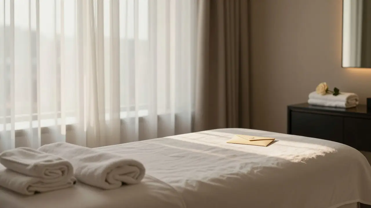 An empty spa suite with a rose and sealed envelope, conveying discreet emotional connection.