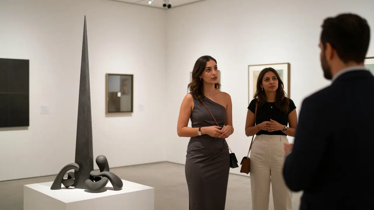 An event companion and client engaging in conversation at an art gallery in Alserkal Avenue.