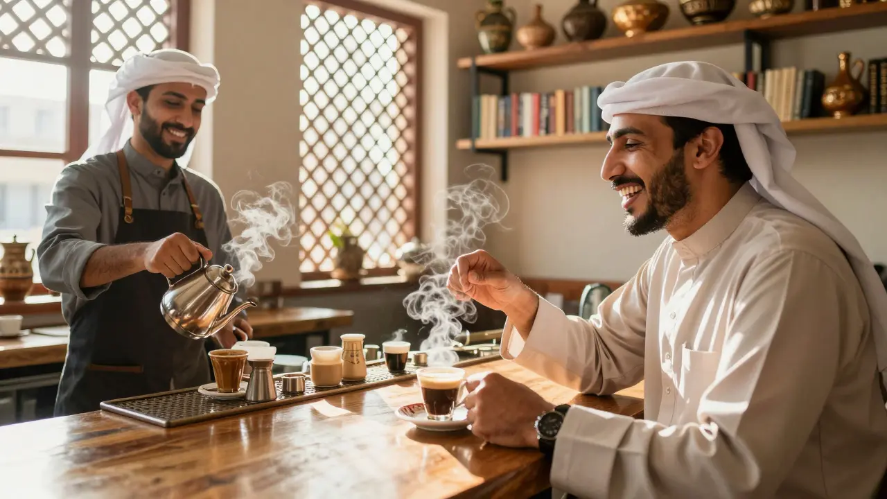 An expat shares a laugh with a café staff member over Arabic coffee in a warm, inviting Dubai tea house.