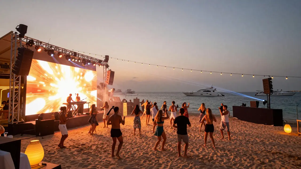 Beach club crowd dancing under LED lights and lasers at JBR with yachts in the background.